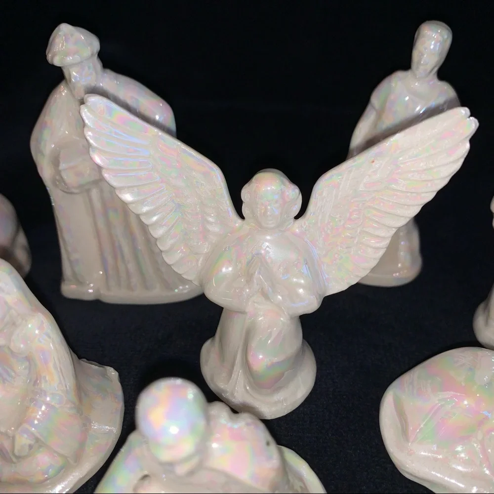 14 Piece Small Ceramic Pearlescent White Nativity Set Scene // Christmas Holiday